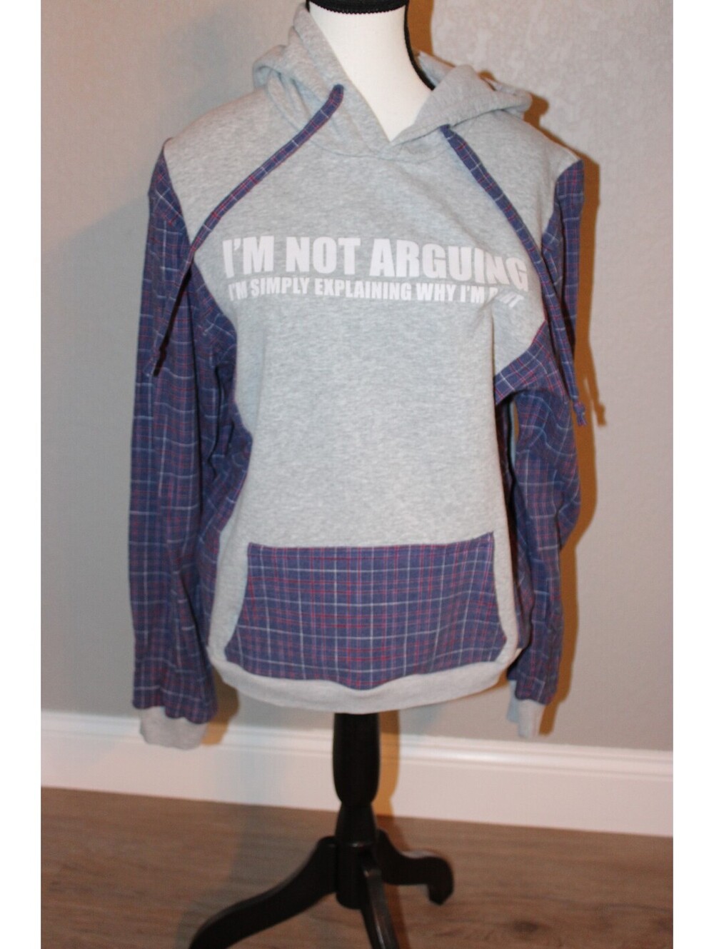 Women's Gray Hoodie with Blue and Red Plaid Sleeves and Pocket, oversized small